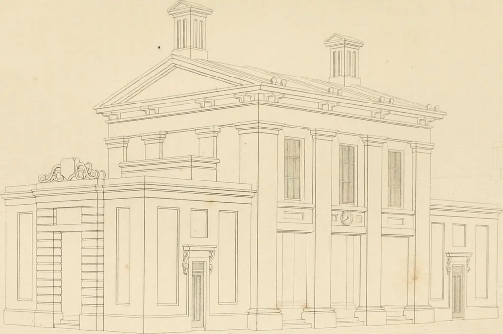 An illustration from Select designs for public buildings; consisting of plans, elevations, perspective views, sections, and details, of churches, chapels, schools, alms-houses, gas-works, markets, and other buildings erected for public purposes, 1842, leaf 184