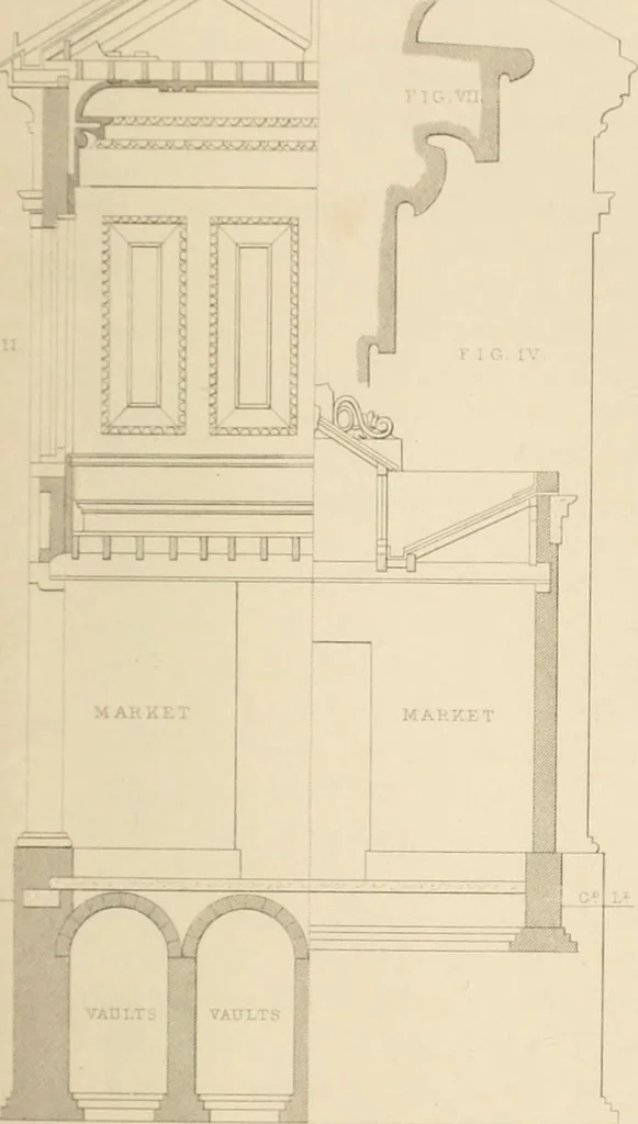 An illustration from Select designs for public buildings; consisting of plans, elevations, perspective views, sections, and details, of churches, chapels, schools, alms-houses, gas-works, markets, and other buildings erected for public purposes, 1842, leaf 188