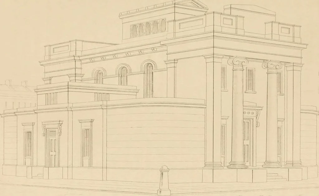 An illustration from Select designs for public buildings; consisting of plans, elevations, perspective views, sections, and details, of churches, chapels, schools, alms-houses, gas-works, markets, and other buildings erected for public purposes, 1842, leaf 204