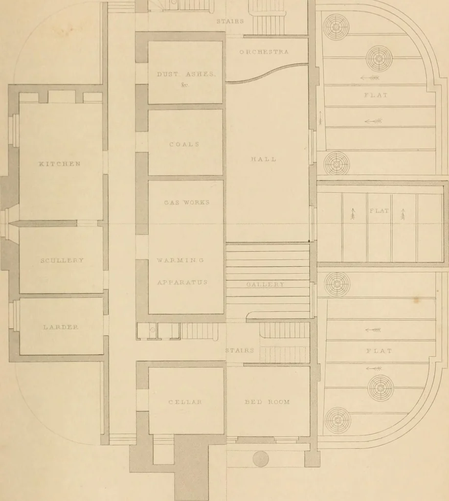 An illustration from Select designs for public buildings; consisting of plans, elevations, perspective views, sections, and details, of churches, chapels, schools, alms-houses, gas-works, markets, and other buildings erected for public purposes, 1842, leaf 208