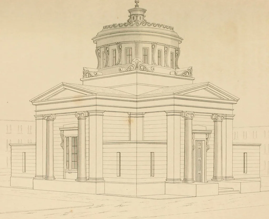 An illustration from Select designs for public buildings; consisting of plans, elevations, perspective views, sections, and details, of churches, chapels, schools, alms-houses, gas-works, markets, and other buildings erected for public purposes, 1842, leaf 214