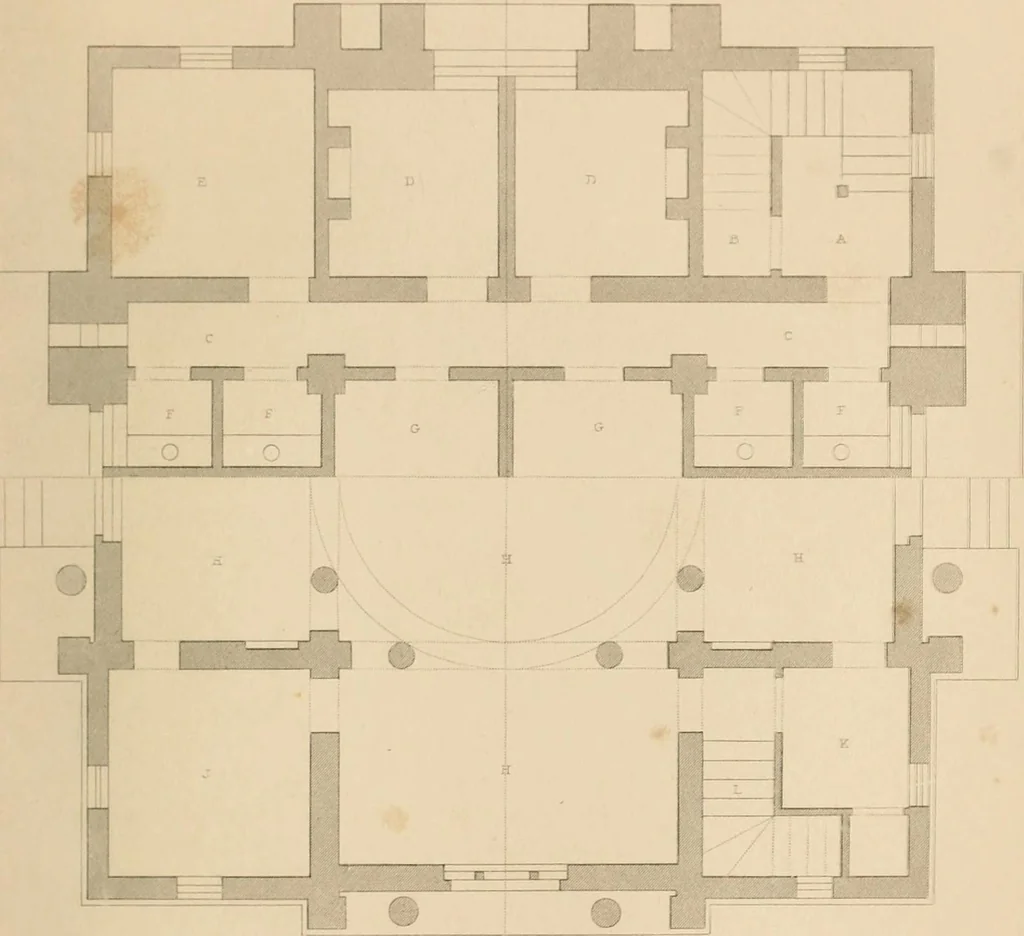An illustration from Select designs for public buildings; consisting of plans, elevations, perspective views, sections, and details, of churches, chapels, schools, alms-houses, gas-works, markets, and other buildings erected for public purposes, 1842, leaf 216