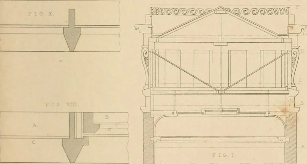 An illustration from Select designs for public buildings; consisting of plans, elevations, perspective views, sections, and details, of churches, chapels, schools, alms-houses, gas-works, markets, and other buildings erected for public purposes, 1842, leaf 218