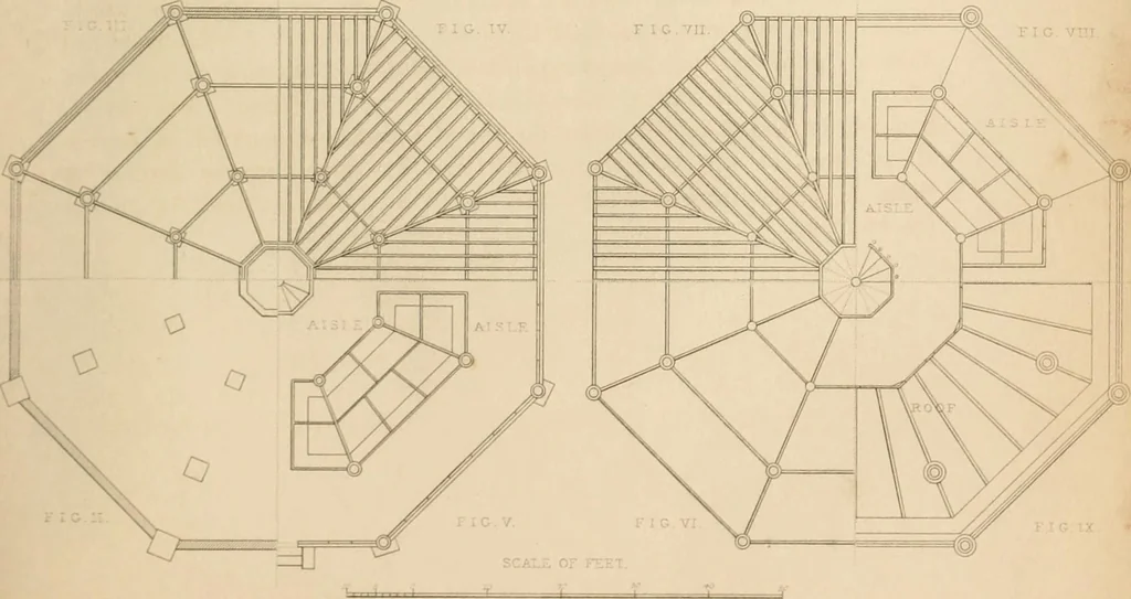An illustration from Select designs for public buildings; consisting of plans, elevations, perspective views, sections, and details, of churches, chapels, schools, alms-houses, gas-works, markets, and other buildings erected for public purposes, 1842, leaf 236