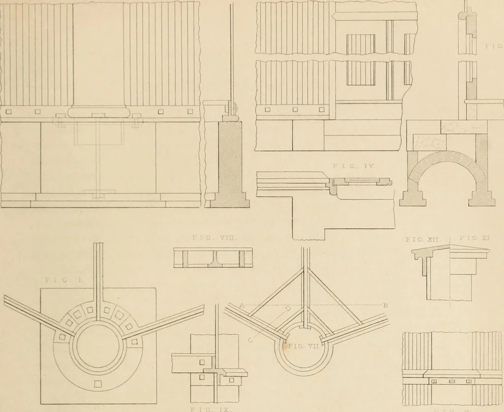 An illustration from Select designs for public buildings; consisting of plans, elevations, perspective views, sections, and details, of churches, chapels, schools, alms-houses, gas-works, markets, and other buildings erected for public purposes, 1842, leaf 238
