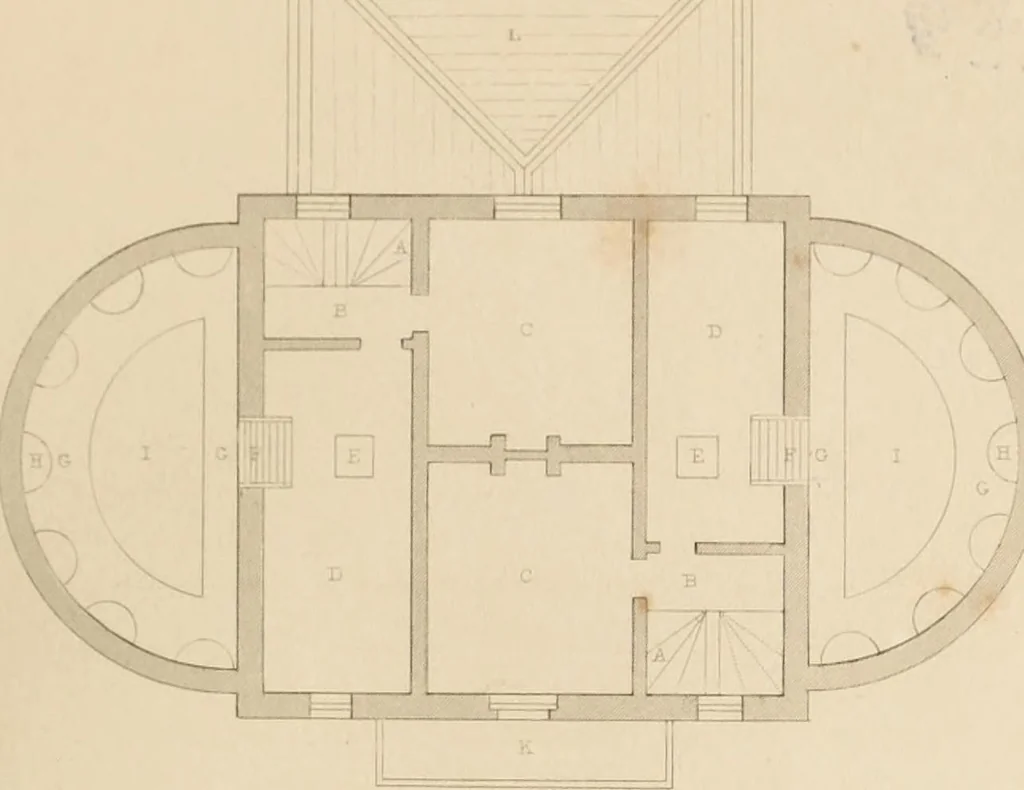 An illustration from Select designs for public buildings; consisting of plans, elevations, perspective views, sections, and details, of churches, chapels, schools, alms-houses, gas-works, markets, and other buildings erected for public purposes, 1842, leaf 246