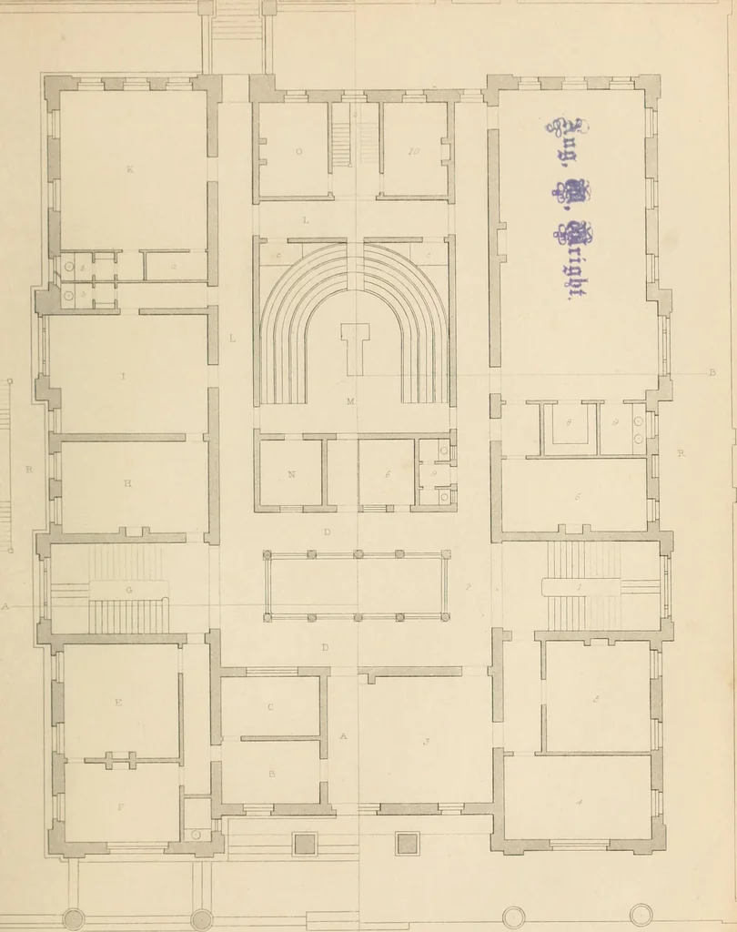 An illustration from Select designs for public buildings; consisting of plans, elevations, perspective views, sections, and details, of churches, chapels, schools, alms-houses, gas-works, markets, and other buildings erected for public purposes, 1842, leaf 256