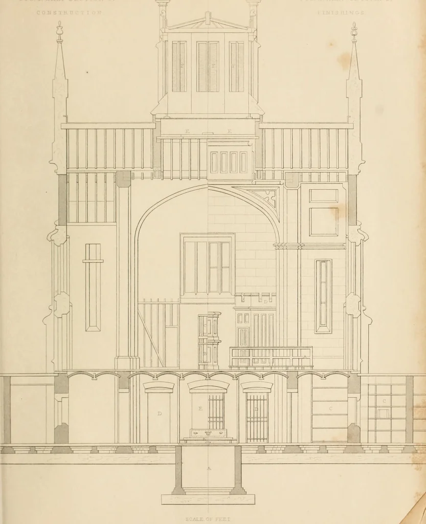An illustration from Select designs for public buildings; consisting of plans, elevations, perspective views, sections, and details, of churches, chapels, schools, alms-houses, gas-works, markets, and other buildings erected for public purposes, 1842, leaf 276