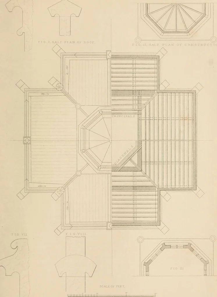 An illustration from Select designs for public buildings; consisting of plans, elevations, perspective views, sections, and details, of churches, chapels, schools, alms-houses, gas-works, markets, and other buildings erected for public purposes, 1842, leaf 278