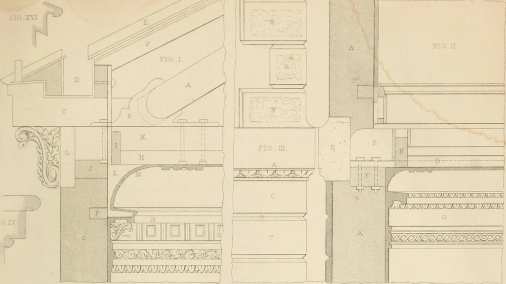 An illustration from Select designs for public buildings; consisting of plans, elevations, perspective views, sections, and details, of churches, chapels, schools, alms-houses, gas-works, markets, and other buildings erected for public purposes, 1842, leaf 28