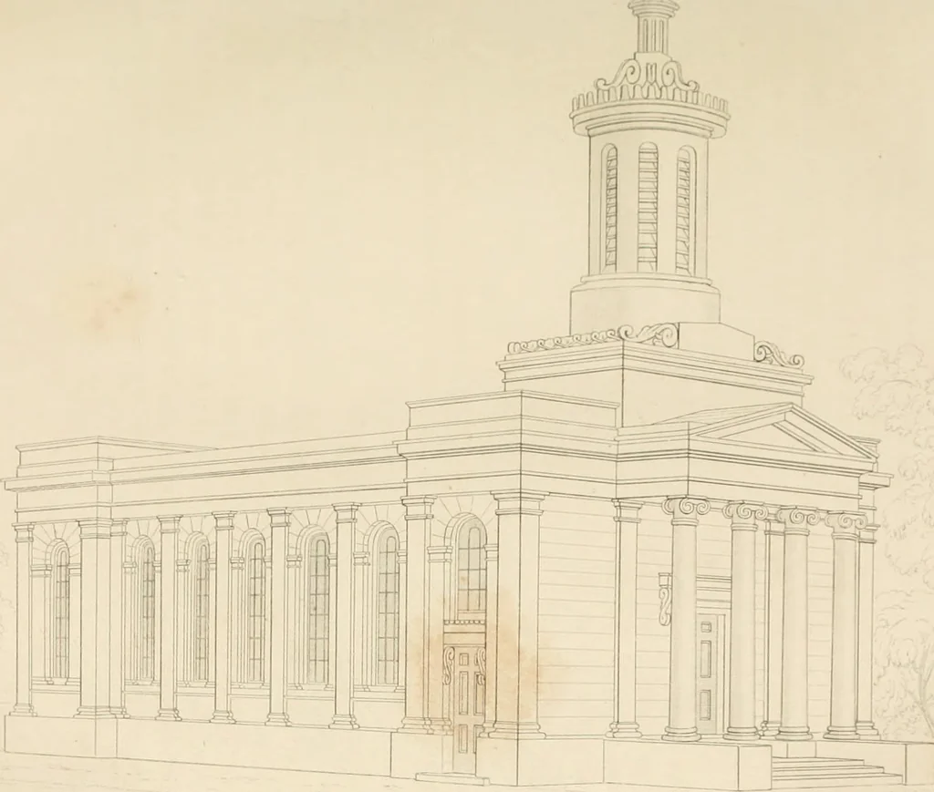 An illustration from Select designs for public buildings; consisting of plans, elevations, perspective views, sections, and details, of churches, chapels, schools, alms-houses, gas-works, markets, and other buildings erected for public purposes, 1842, leaf 34