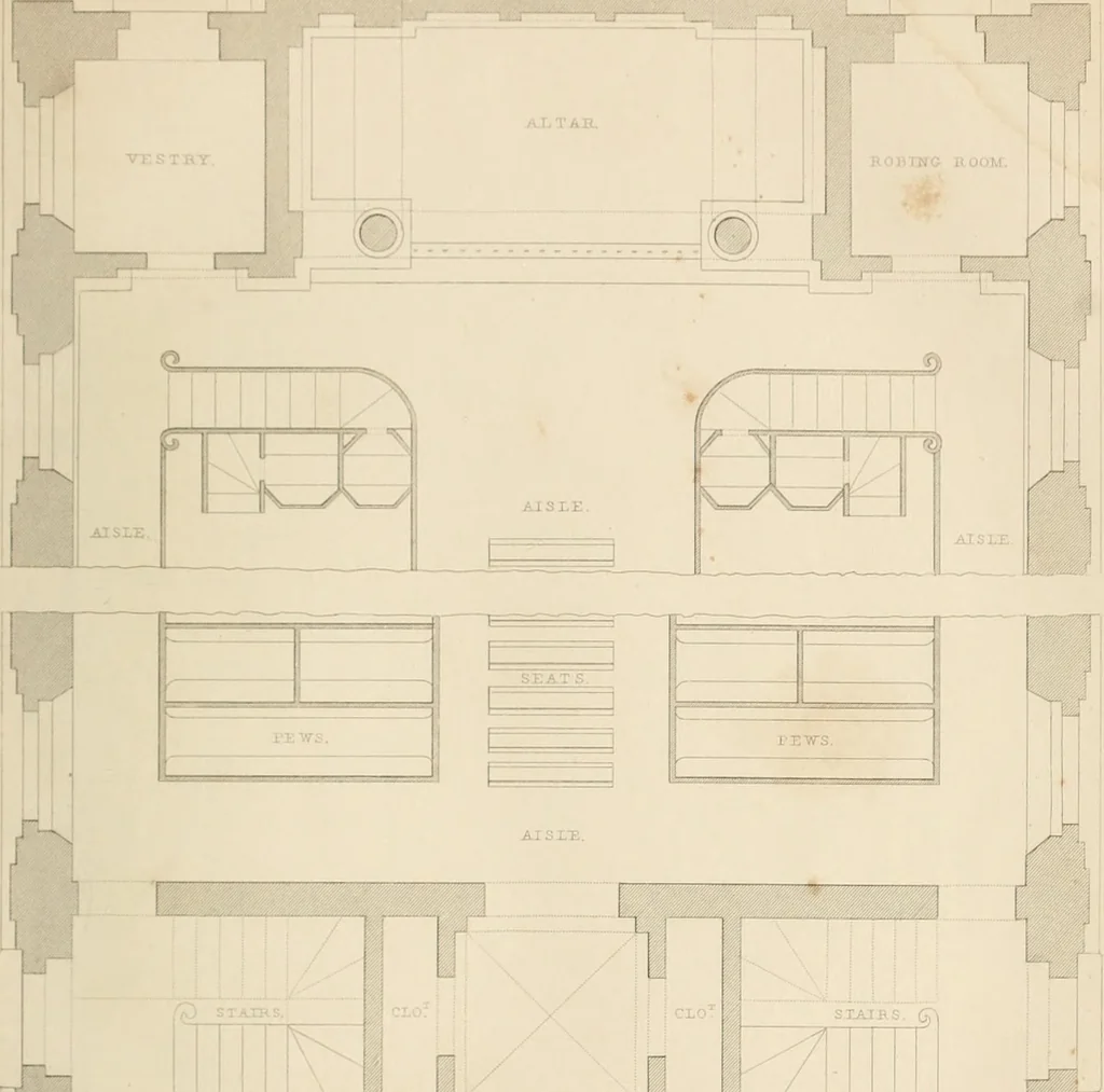 An illustration from Select designs for public buildings; consisting of plans, elevations, perspective views, sections, and details, of churches, chapels, schools, alms-houses, gas-works, markets, and other buildings erected for public purposes, 1842, leaf 36