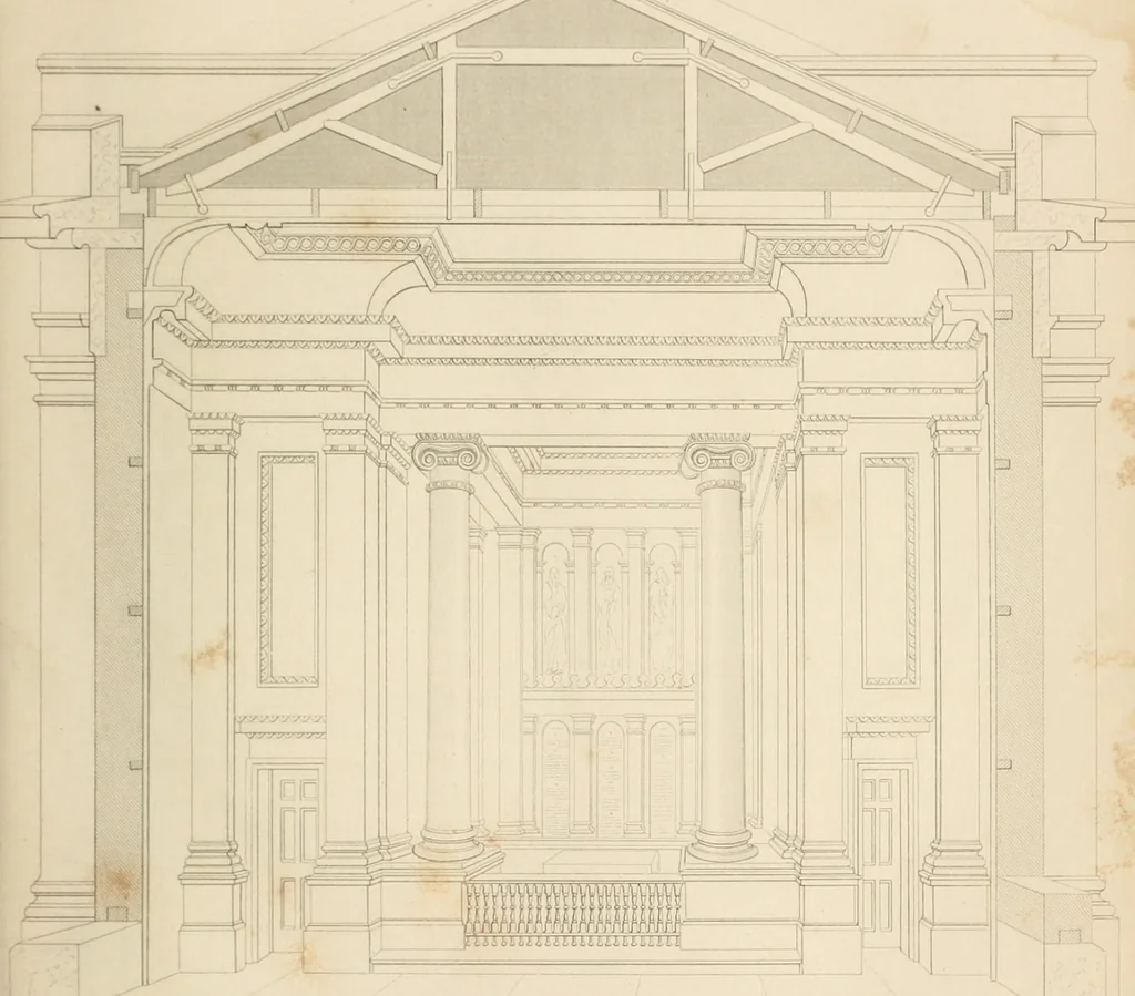 An illustration from Select designs for public buildings; consisting of plans, elevations, perspective views, sections, and details, of churches, chapels, schools, alms-houses, gas-works, markets, and other buildings erected for public purposes, 1842, leaf 38