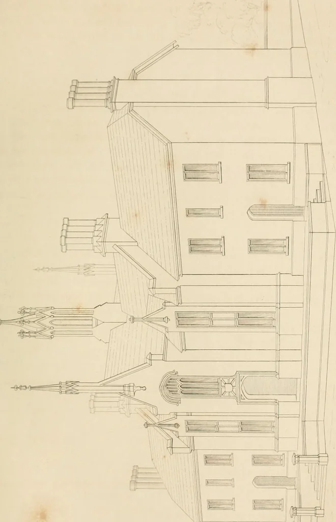 An illustration from Select designs for public buildings; consisting of plans, elevations, perspective views, sections, and details, of churches, chapels, schools, alms-houses, gas-works, markets, and other buildings erected for public purposes, 1842, leaf 64