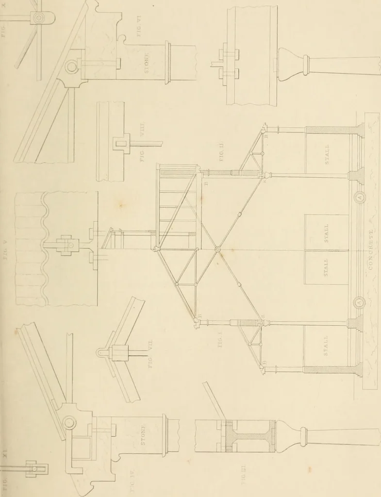 An illustration from Select designs for public buildings; consisting of plans, elevations, perspective views, sections, and details, of churches, chapels, schools, alms-houses, gas-works, markets, and other buildings erected for public purposes, 1842, leaf 98