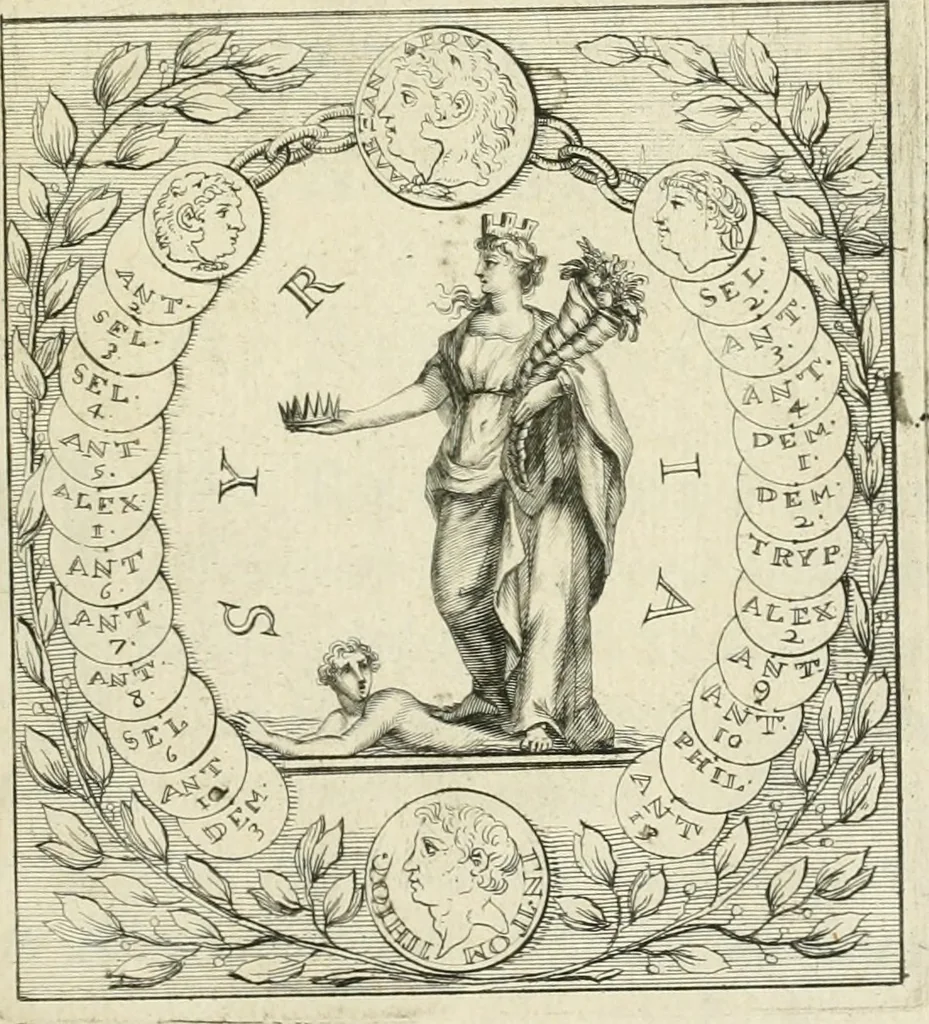 An illustration from Seleucidarum imperium, sive, Historia regum Syriae ad fidem numismatum accommodata, 1681, leaf 6