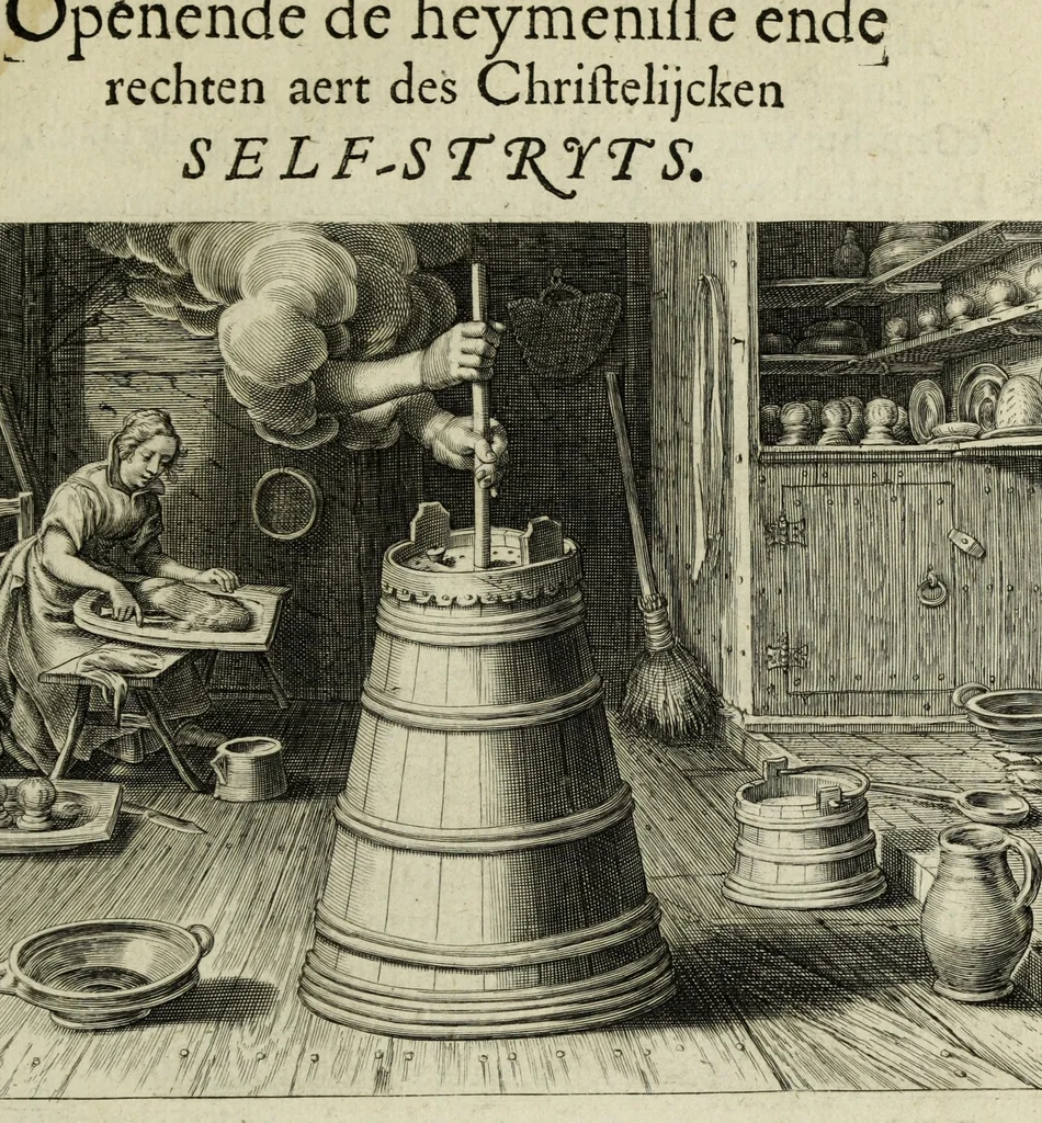 An illustration from Self-stryt, dat is, Crachtighe bevveginghe van vlees en gheest : poetischer wijse verthoont in den persoon ende uytte gheleghentheyt van Joseph, ten tijde hy van Potiphars huys-vrouwe wiert versocht tot overspel : mitsgaders schriftmatighe beschrijvinghe van de heymenisse ende eygenschap des Christelijcken self-strijts, met corte verclaringhe op de selve, 1620, leaf 149
