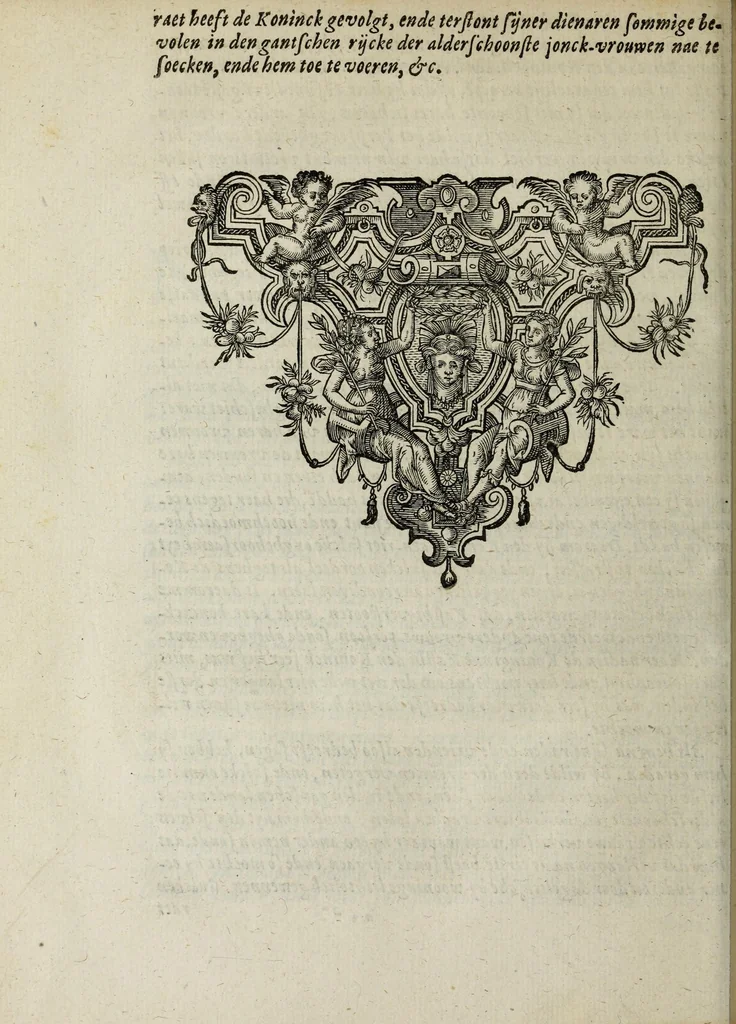 An illustration from Self-stryt, dat is, Crachtighe bevveginghe van vlees en gheest : poetischer wijse verthoont in den persoon ende uytte gheleghentheyt van Joseph, ten tijde hy van Potiphars huys-vrouwe wiert versocht tot overspel : mitsgaders schriftmatighe beschrijvinghe van de heymenisse ende eygenschap des Christelijcken self-strijts, met corte verclaringhe op de selve, 1620, leaf 174