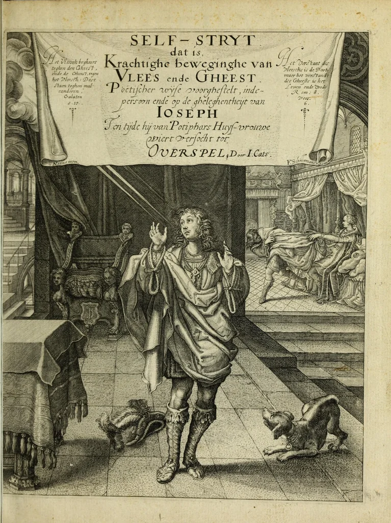 An illustration from Self-stryt, dat is, Crachtighe bevveginghe van vlees en gheest : poetischer wijse verthoont in den persoon ende uytte gheleghentheyt van Joseph, ten tijde hy van Potiphars huys-vrouwe wiert versocht tot overspel : mitsgaders schriftmatighe beschrijvinghe van de heymenisse ende eygenschap des Christelijcken self-strijts, met corte verclaringhe op de selve, 1620, leaf 7