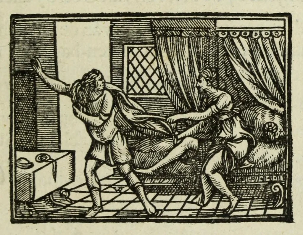 An illustration from Self-stryt, dat is, Crachtighe bevveginghe van vlees en gheest : poetischer wijse verthoont in den persoon ende uytte gheleghentheyt van Joseph, ten tijde hy van Potiphars huys-vrouwe wiert versocht tot overspel : mitsgaders schriftmatighe beschrijvinghe van de heymenisse ende eygenschap des Christelijcken self-strijts, met corte verclaringhe op de selve, 1620, leaf 9