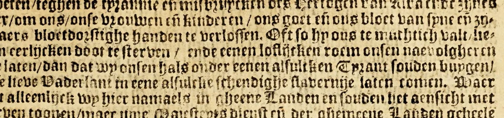 An illustration from Sendbrief in forme van supplicatie, aen de conincklijcke majesteyt van Spaengien: van wegen des Princen van Oraengien, der staten van Hollandt ende Zeelandt, midtsgaders alle andere zijne getrouwe ondersaten van dese Nederlanden, die haer van des Hertoghen van Alba, ende der Spaegniaerden tyrannie ende ghewelt, teghen alle recht, verdrucket ende vervolghet vinden. Aenwijsende den rechten oorspronck van alle teghenwoordige beroerten in dese landen, om daer inne by zijne Coninclijcke Majesteyt voorsien te moghen werden, 1574, leaf 21