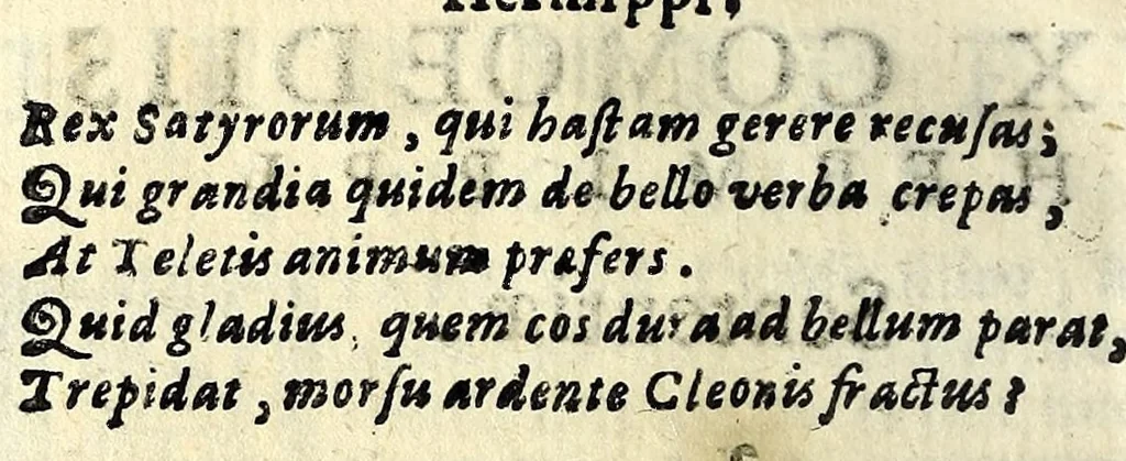 An illustration from Sententiae insignes Graecorum quinquag. comicorum, quorum opera integra non extant, Latino idiomate collectae : accessit vniuscuisq[ue] poetae vita accuratè conscripta, & Platonii fragmentum de comoedarium differentijs : poetarum nomina proximé praefationem sequuntur, 1612, leaf 192