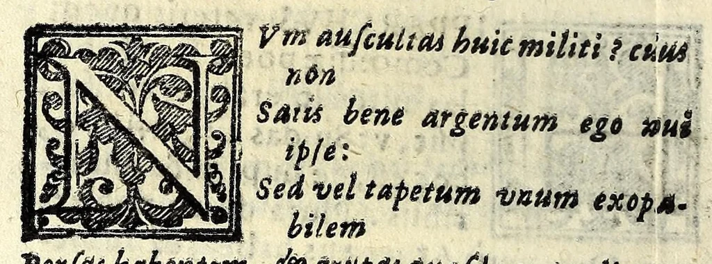 An illustration from Sententiae insignes Graecorum quinquag. comicorum, quorum opera integra non extant, Latino idiomate collectae : accessit vniuscuisq[ue] poetae vita accuratè conscripta, & Platonii fragmentum de comoedarium differentijs : poetarum nomina proximé praefationem sequuntur, 1612, leaf 194