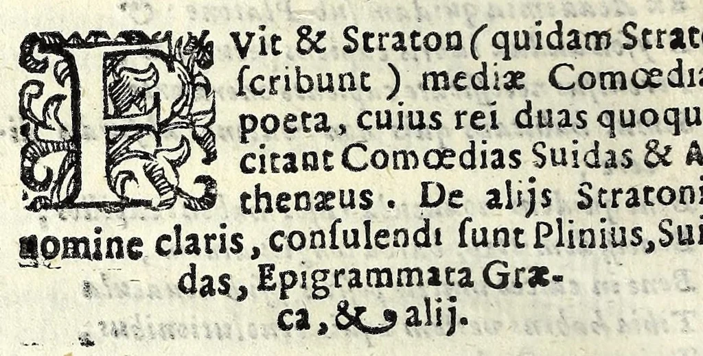 An illustration from Sententiae insignes Graecorum quinquag. comicorum, quorum opera integra non extant, Latino idiomate collectae : accessit vniuscuisq[ue] poetae vita accuratè conscripta, & Platonii fragmentum de comoedarium differentijs : poetarum nomina proximé praefationem sequuntur, 1612, leaf 304