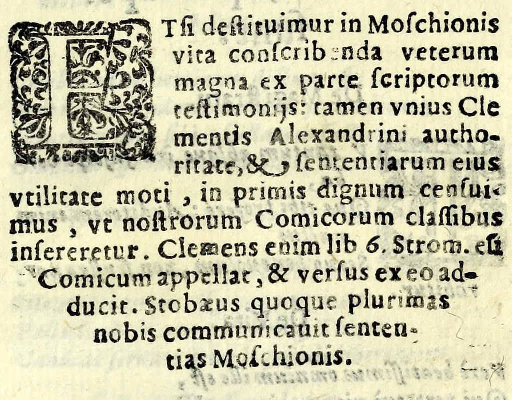 An illustration from Sententiae insignes Graecorum quinquag. comicorum, quorum opera integra non extant, Latino idiomate collectae : accessit vniuscuisq[ue] poetae vita accuratè conscripta, & Platonii fragmentum de comoedarium differentijs : poetarum nomina proximé praefationem sequuntur, 1612, leaf 309