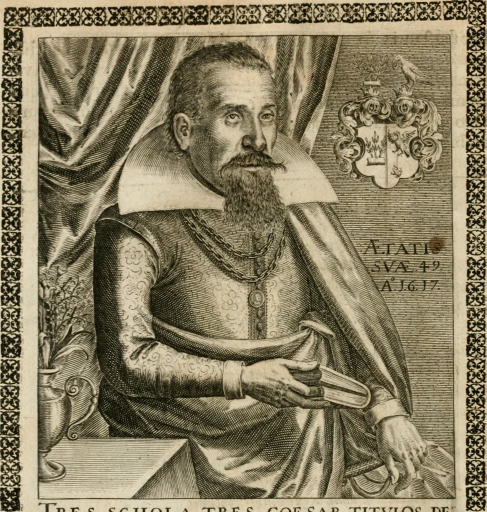 An illustration from Septimana philosophica : qua aenigmata avreola de omni natvrae genere a Salomone Israëlitarum sapientissimo rege, & Arabiae regina Saba, nec non Hyramo, Tyri principe, sibi inuicem in modum colloquii proponuntur & enodantur ..., 1620, leaf 17
