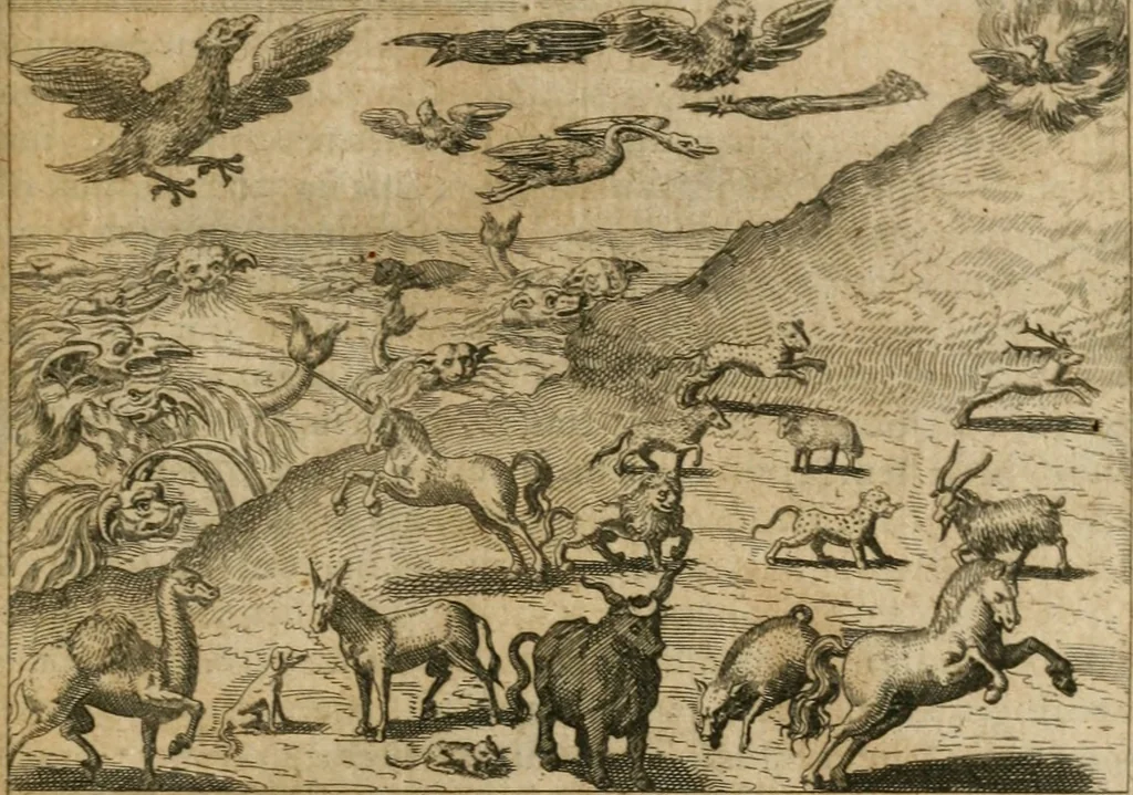 An illustration from Septimana philosophica : qua aenigmata avreola de omni natvrae genere a Salomone Israëlitarum sapientissimo rege, & Arabiae regina Saba, nec non Hyramo, Tyri principe, sibi inuicem in modum colloquii proponuntur & enodantur ..., 1620, leaf 198
