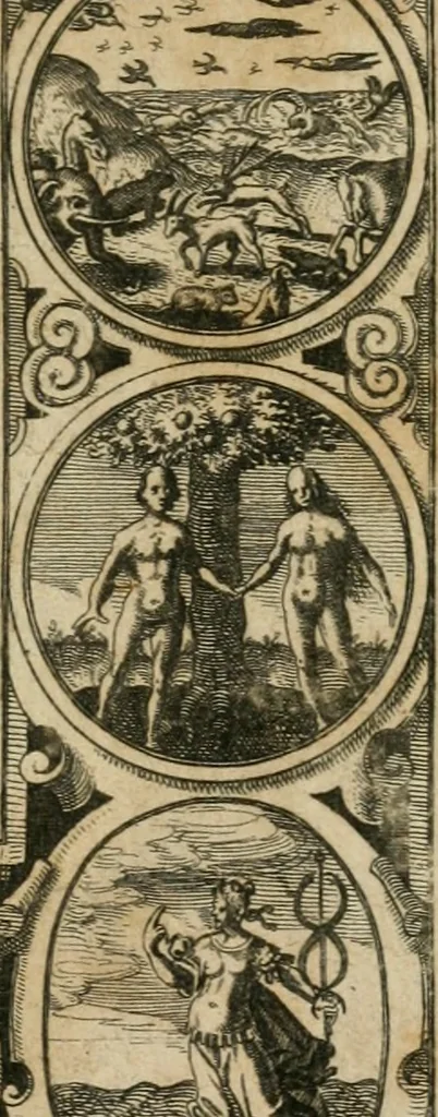 An illustration from Septimana philosophica : qua aenigmata avreola de omni natvrae genere a Salomone Israëlitarum sapientissimo rege, & Arabiae regina Saba, nec non Hyramo, Tyri principe, sibi inuicem in modum colloquii proponuntur & enodantur ..., 1620, leaf 6
