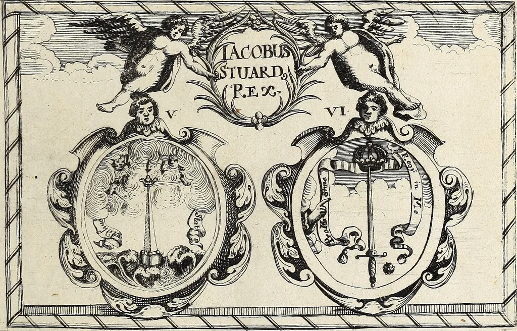 An illustration from Serenissimi et potentissimi principis Jacobi, Magnae Britanniae, Franciae, et Hiberniae, regis, fidei defensoris, Opera, 1689, leaf 6