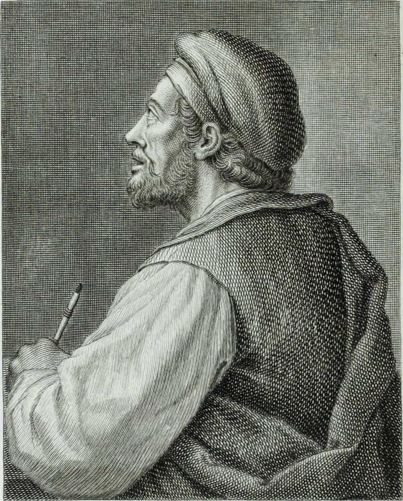 An illustration from Serie degli uomini i più illustri nella pittura, scultura, e architettura : con i loro elogi, e ritratti incisi in rame cominciando dalla sua prima restaurazione fino ai tempi presenti .., 1769, leaf 71