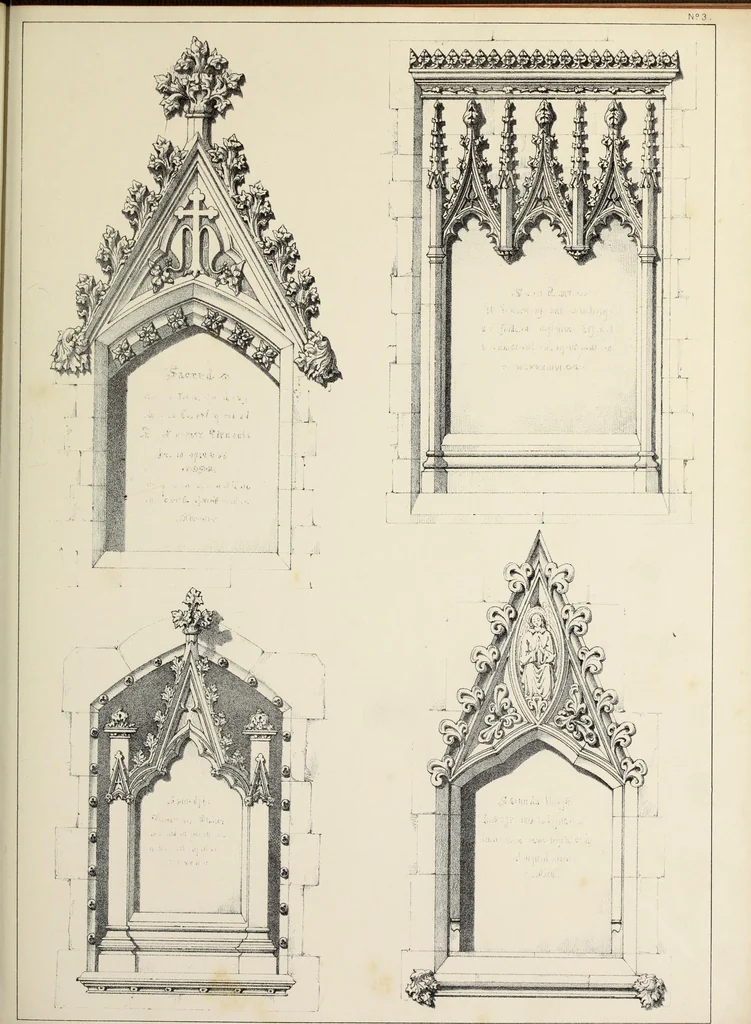 An illustration from A series of designs for Gothic monuments, churchyard crosses, sepulchral slabs, and head crosses; together with remarks on some modern erections, and their assumed connection with ecclesiastical buildings--pagan symbolism--unchristian character--position--inscription, etc., etc., 1852, leaf 28