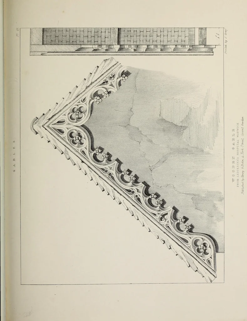 An illustration from A series of ornamental timber gables : from existing examples in England and France, of the sixteenth century, 1831, leaf 104