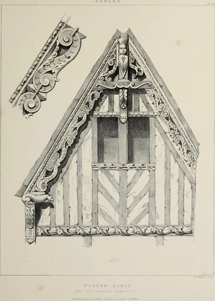 An illustration from A series of ornamental timber gables : from existing examples in England and France, of the sixteenth century, 1831, leaf 128