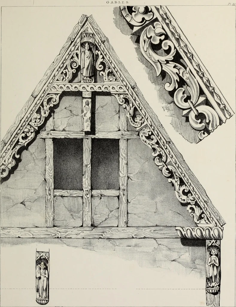 An illustration from A series of ornamental timber gables : from existing examples in England and France, of the sixteenth century, 1831, leaf 136