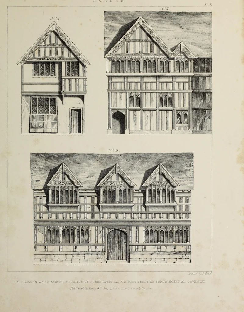 An illustration from A series of ornamental timber gables : from existing examples in England and France, of the sixteenth century, 1831, leaf 24