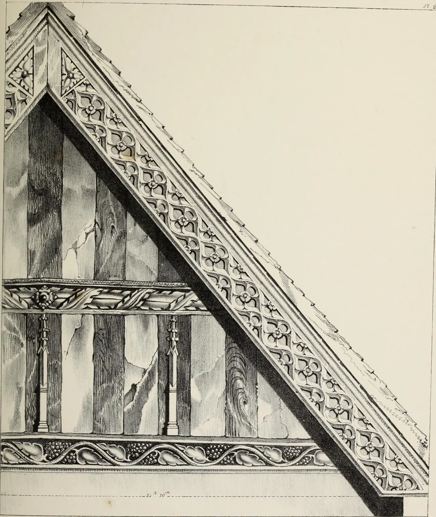 An illustration from A series of ornamental timber gables : from existing examples in England and France, of the sixteenth century, 1831, leaf 44