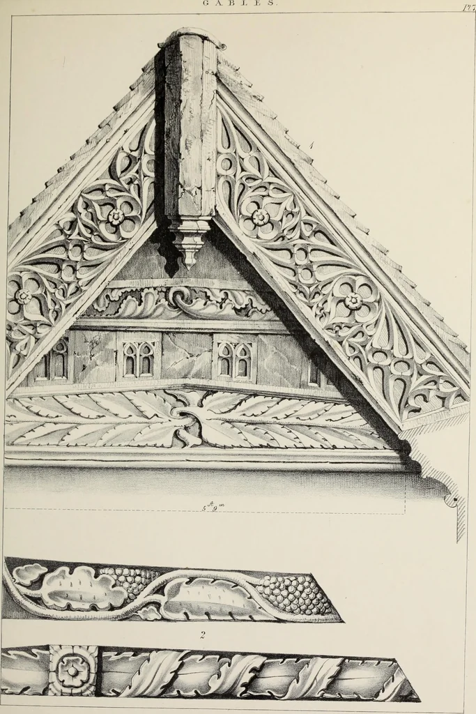 An illustration from A series of ornamental timber gables : from existing examples in England and France, of the sixteenth century, 1831, leaf 48