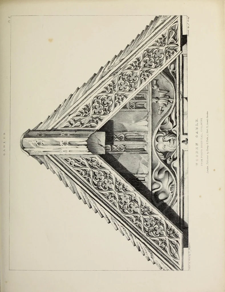 An illustration from A series of ornamental timber gables : from existing examples in England and France, of the sixteenth century, 1831, leaf 52