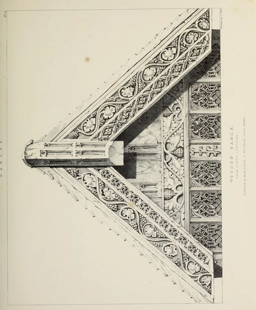 An illustration from A series of ornamental timber gables : from existing examples in England and France, of the sixteenth century, 1831, leaf 60