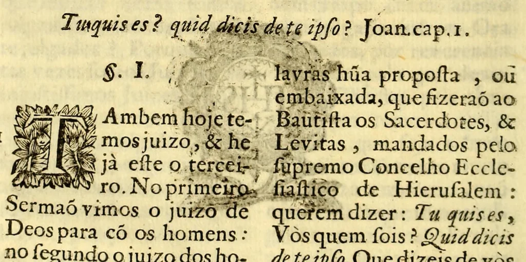 An illustration from Sermoens do P. Antonio Vieira, da Companhia de Jesu, visitador da Provincia do Brasil, Prègador de Sua Magestade. Quinta parte, 1689, leaf 104