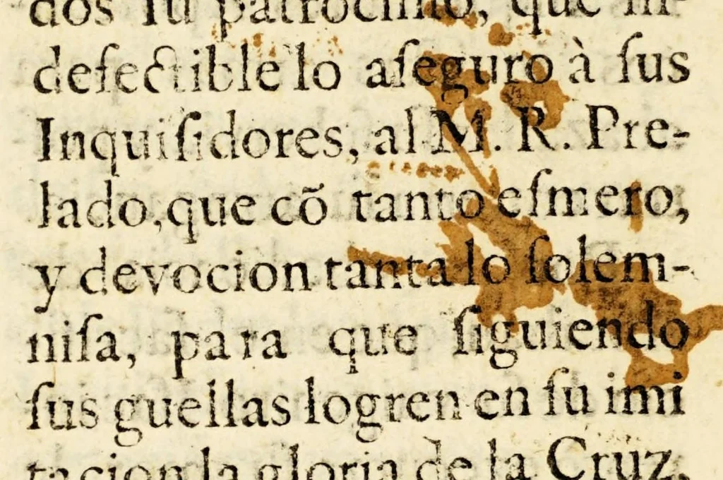 An illustration from Sermon en la solemne fiesta, que el santo tribunal de la Inquisicion de esta Nueva-España haze à su inclito patron S. Pedro Martyr de Verona su inquisidor, en el real Convento de Santo Domingo de Mexico. : Siendo hermano mayor de su ilustre cofradia el R. P. Por. Fr. Juan de Ribera Calderon, diffinidor, que ha sido de su provincia, comendador actual del convento de N.S. de la concepcion extramuros de esta ciudad, limosnero mayor del ilustrissimo S. Arçobispo de Mexico Doct. D. Francisco de Aguyar, y Seyxas ; consultor de la S. Cruzada, y comissario del Santo Officio de la Inquisicion., 1693, leaf 38