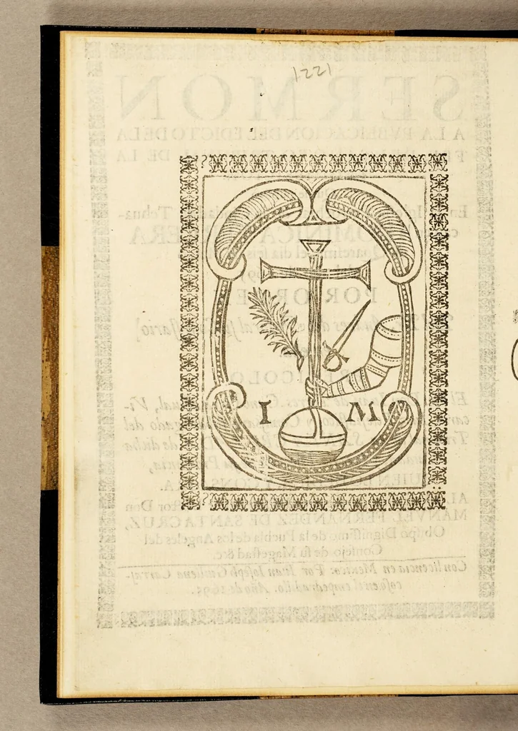 An illustration from Sermon a la publicacion del edicto de la fee, del sancto Tribunal de la Inquissicion. : Que se publicò en la Iglesia parrochial de la ciudad de Tehuacan en la dominica tercera de quaresma, el dia seis de mar̦c̦o del año de 1695. Por orden del Br. Andres del Moral su comissario en ella., 1695, leaf 12
