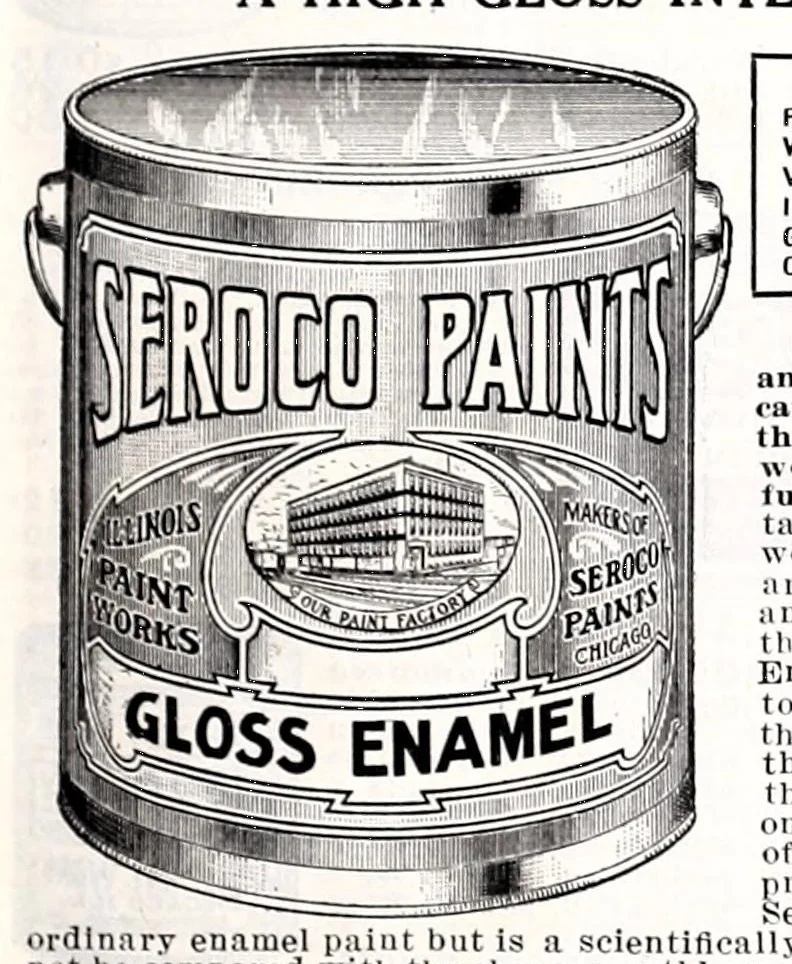 An illustration from Seroco paints : ready mixed house, barn, carriage, wagon and implement paints, shingle stains and preservatives, varnishes of every kind ... painters, glaziers and calciminers tools and supplies., 1915, leaf 11