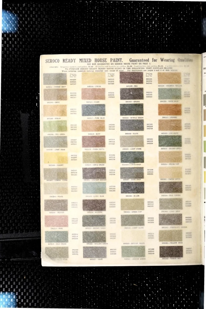 An illustration from Seroco paints : ready mixed house, barn, carriage, wagon and implement paints, shingle stains and preservatives, varnishes of every kind ... painters, glaziers and calciminers tools and supplies., 1915, leaf 18