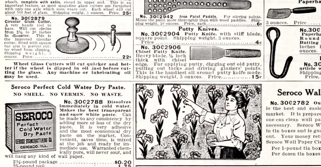 An illustration from Seroco paints : ready mixed house, barn, carriage, wagon and implement paints, shingle stains and preservatives, varnishes of every kind ... painters, glaziers and calciminers tools and supplies., 1915, leaf 30
