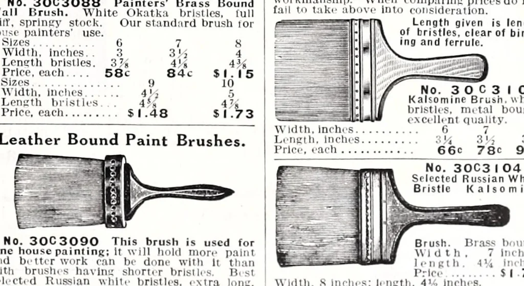 An illustration from Seroco paints : ready mixed house, barn, carriage, wagon and implement paints, shingle stains and preservatives, varnishes of every kind ... painters, glaziers and calciminers tools and supplies., 1915, leaf 33